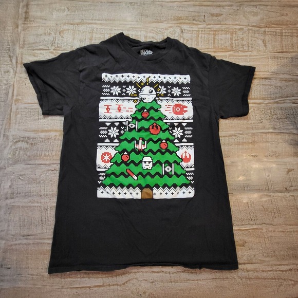 Star Wars Mens Black T-Shirt Sz M Death Star Christmas Tree Fifth Sun 8 Bit - Picture 1 of 6